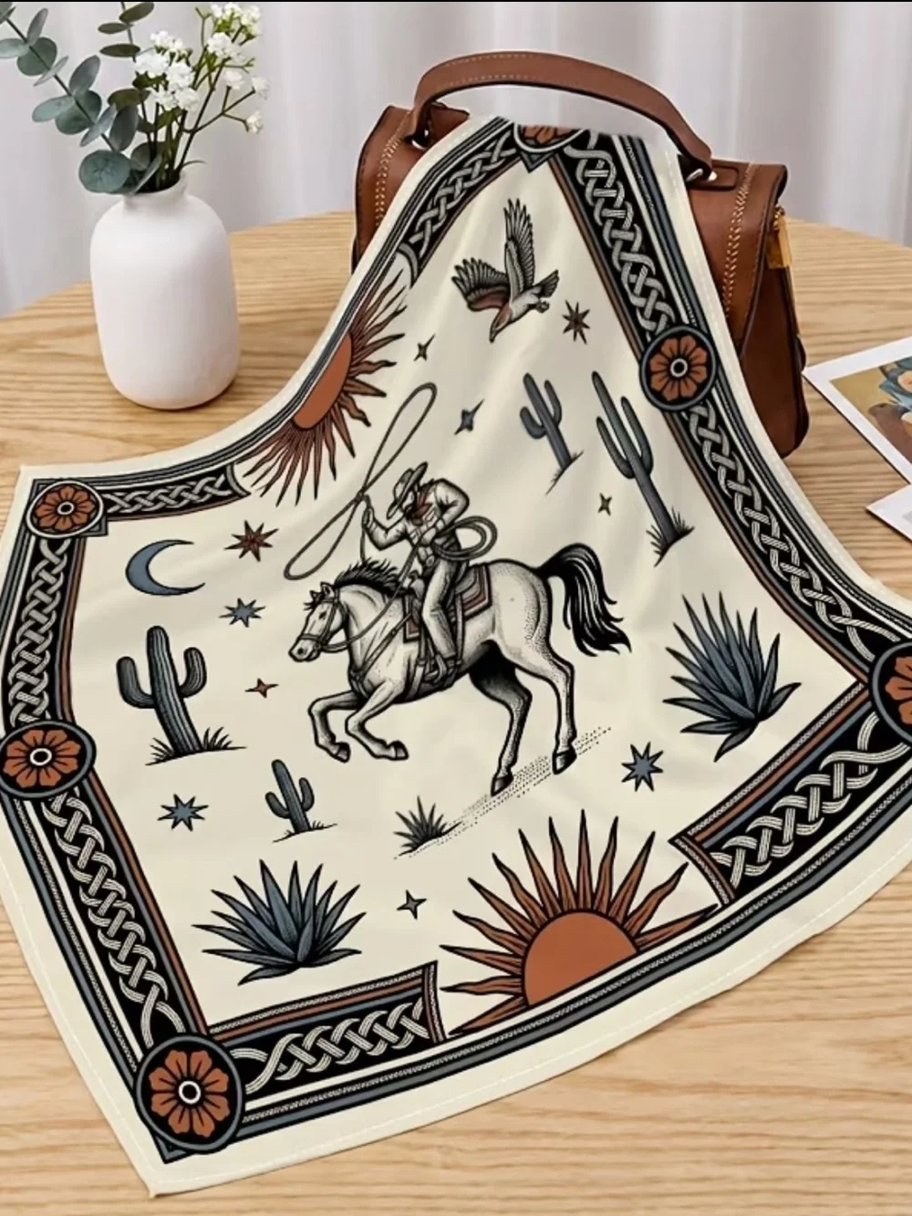 Western Cowboy Print Satin Scarf - Cream and Brown
